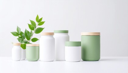 Arrangement of Reusable Containers and Greenery Against a White Background in a Zero-Waste Grocery Display