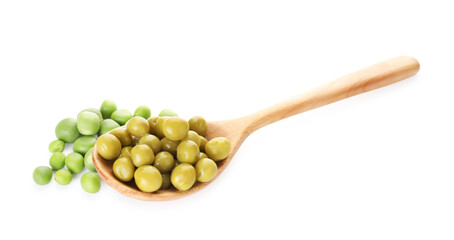Pickled and fresh peas in spoon isolated on white
