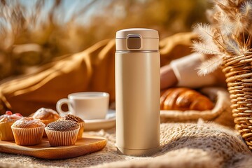 Cozy autumn picnic setup with beige thermos, muffins, white cup, and wicker basket on blanket, ideal for seasonal outdoor leisure and lifestyle promotions