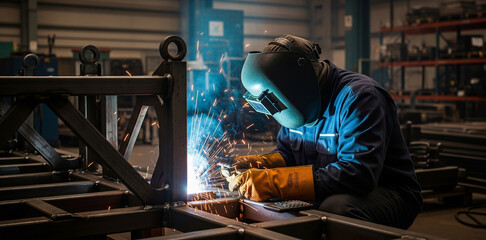 A welder wearing a protective mask and gloves, working on a metal structure with bright sparks flying in an industrial workshop
