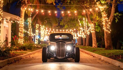 Black Vintage Hot Rod Driving Under String Lights Along Tree-lined Street At Night