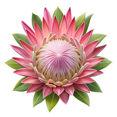 A majestic pink king protea flower, isolated on transparent background, displays its unique and intricate structure