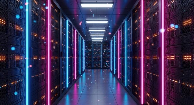 Futuristic Server Room with Neon Lights and Data Flow