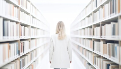 Blonde Haired Woman in White Coat Exploring an Antique Bookstore Aisle Lined with Vintage Books