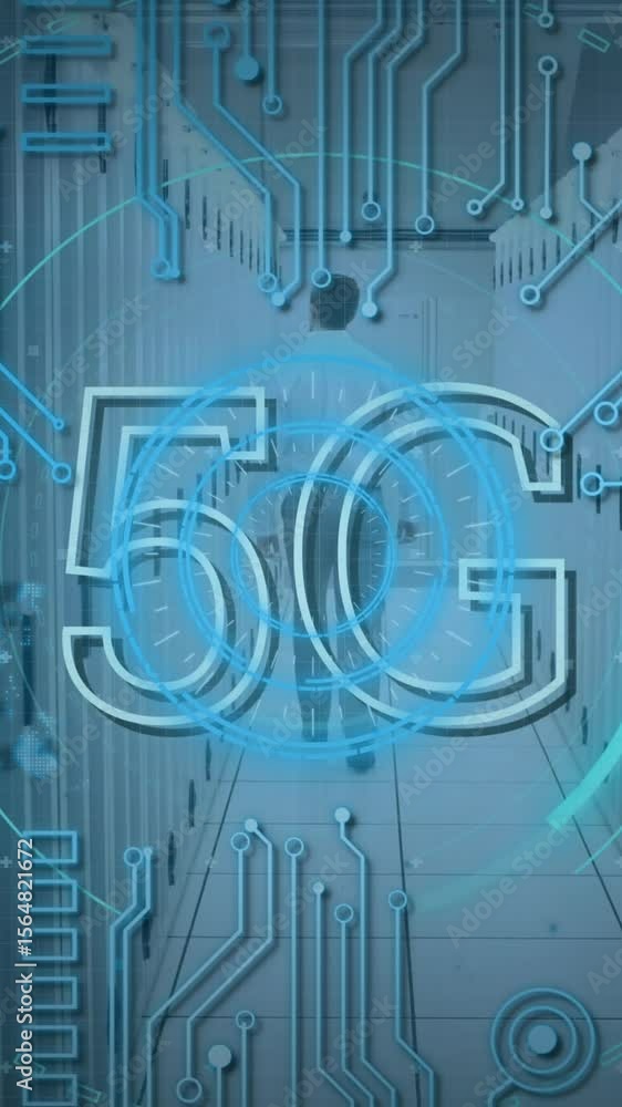 Poster animated video highlights futuristic 5g tech with digital circles and server backdrop.