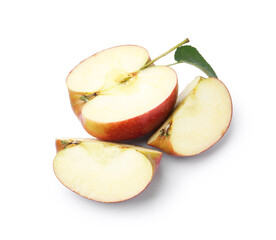 Pieces of fresh apple and leaf isolated on white, above view