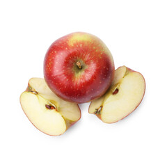 Whole and cut apples isolated on white, top view