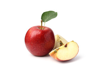 Whole and cut red apples isolated on white