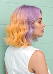 Profile view of a young woman with a stylish short bob hairstyle featuring a vibrant ombre of purple and orange shades against a mint green background