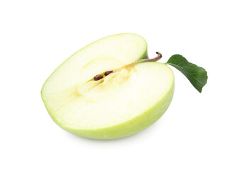 Half of fresh apple with leaf isolated on white