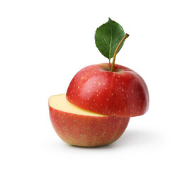 Fresh red apple slices with green leaf isolated on white