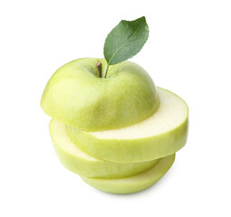 Stack of fresh apple slices with green leaf isolated on white