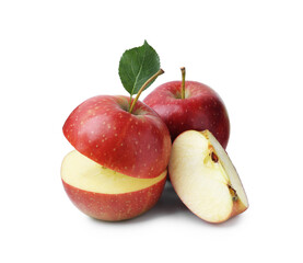 Fresh whole, cut apple slices with leaf isolated on white