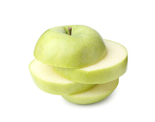 Stack of fresh green apple slices isolated on white