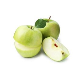 Fresh whole, cut apple slices with leaf isolated on white