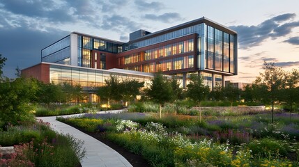 Obraz premium A hospital exterior surrounded by a landscaped garden
