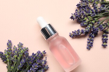 Natural essential oil and lavender flowers on light pink background, flat lay