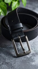 Close-up of a Black Leather Belt with a Silver Buckle Displaying Texture and Detail on a Textured Surface