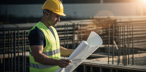 A male engineer or architect wearing a yellow hard hat and safety vest, examining blueprints at a construction site during sunset