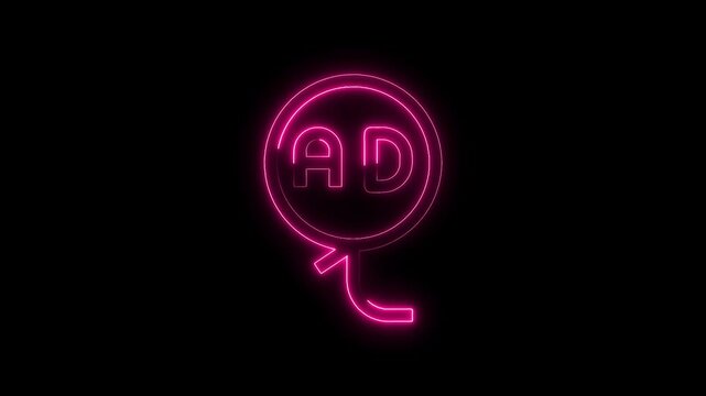 Neon ad initial advertising icon animation on black background for marketing campaigns