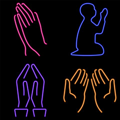 Fototapeta premium prayer hand neon icon group, vector illustration on black background.