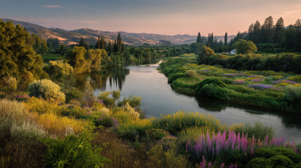 A river winds through a landscape glowing with sunset light, its surface reflecting golden hues.
The banks are lined with wildflowers, ferns, and willows; distant hills fade near a farmhouse.