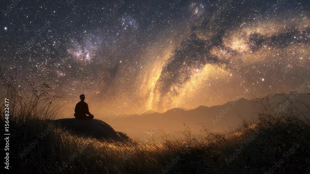 Poster a closeup of a contemplative figure seated on a rock surrounded by undulating fields of shimmering g