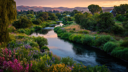 A river winds through a landscape glowing with sunset light, its surface reflecting golden hues.
The banks are lined with wildflowers, ferns, and willows; distant hills fade near a farmhouse.