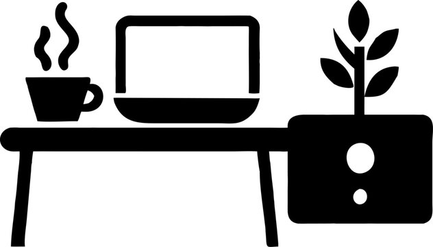 Modern office desk featuring a laptop, coffee, and a digital display with various technology icons