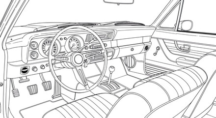 Classic Car Interior Line Art Vector Illustration - Detailed Vintage Dashboard & Steering Wheel
