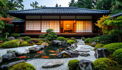Obraz premium Japanese style house with pond and traditional koi fish in garden