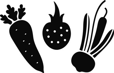 Colorful cartoon vector illustrations of fresh fruits and vegetables like apples, strawberries, and leafy greens, perfect for a healthy food design or icon