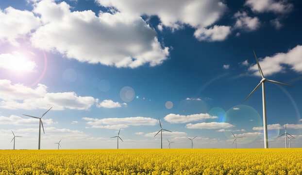 Wind turbines standing in a vast yellow canola field under a bright blue sky with white clouds and sun flare