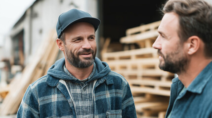 Two men discussing construction materials outside a warehouse during bright daylight in an industrial setting