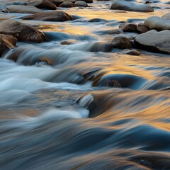 Flowing river captures the essence of nature during golden hour at a tranquil location