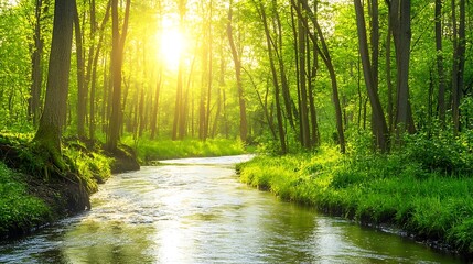 Fototapeta premium A clean river flowing through lush green landscapes, reflecting purity and environmental harmony