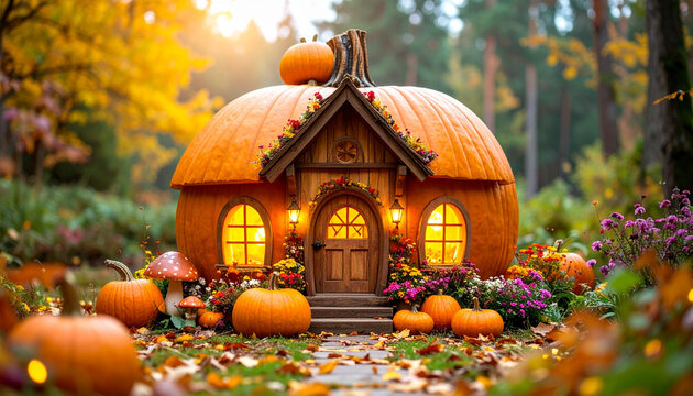 Magical realistic pumpkin house in autumn forest