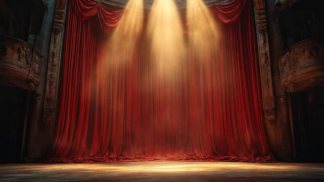 A red curtain with lights shining on it, creating a dramatic and theatrical atmosphere. The curtain is wide open, revealing a stage