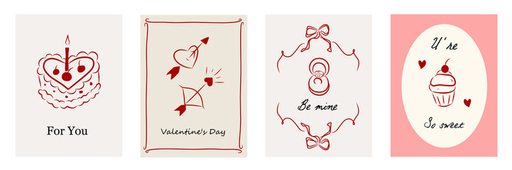 Set of vintage greeting cards for Valentine's Day in coquette style. Romantic border with ribbon frame invitation, bow in the la Dolce Vita aesthetic. Vector doodle hand drawn whimsical illustration.