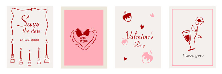 Set of vintage greeting cards for Valentine's Day in coquette style. Romantic border with ribbon frame invitation, bow in the la Dolce Vita aesthetic. Vector doodle hand drawn whimsical illustration.