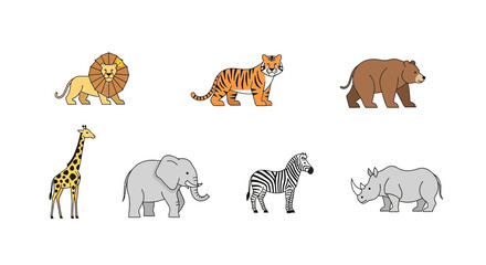 Fototapeta premium Vector cartoon safari animals illustration featuring lion tiger bear giraffe elephant zebra and rhinoceros art drawing
