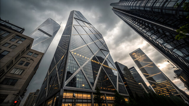Low angle view of modern glass skyscrapers reaching towards a dramatic grey sky in a bustling city center