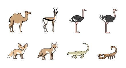 Fototapeta premium Vector illustration of desert animals camel gazelle ostrich fox jackal lizard and scorpion wildlife fauna drawing