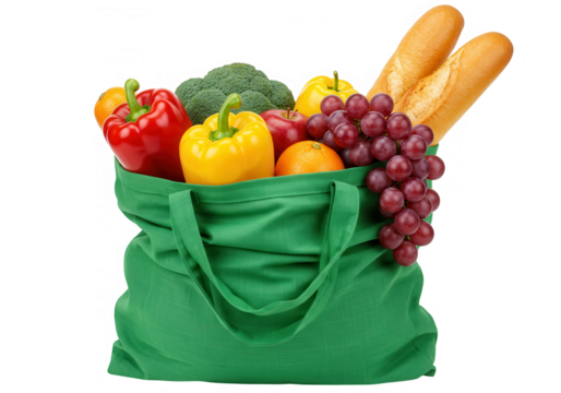A full green tote bag overflowing with fresh produce, including red and yellow bell peppers, broccoli, grapes, an apple, and orange, with baguettes on top, isolated on transparent background