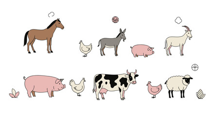 Vector farm animals vector illustration set horse cow pig chicken goat sheep donkey for kids learning and education