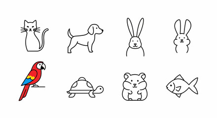 Vector collection of cute pet animals illustration including cat dog rabbit parrot turtle hamster and fish icons