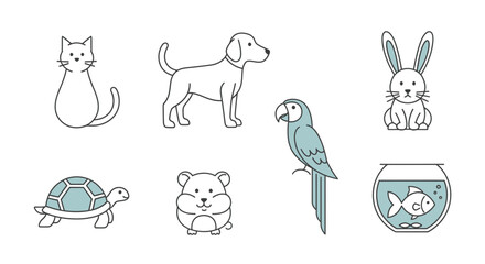 Vector collection of cute pet animals vector illustration including cat dog rabbit parrot hamster turtle and fish vector