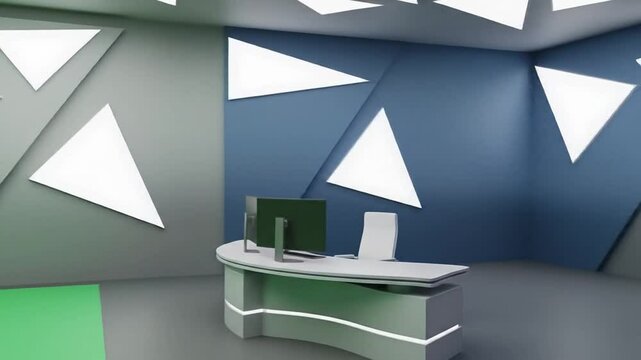 Modern Virtual Studio Set with Green Screen and News Desk 3D Render.