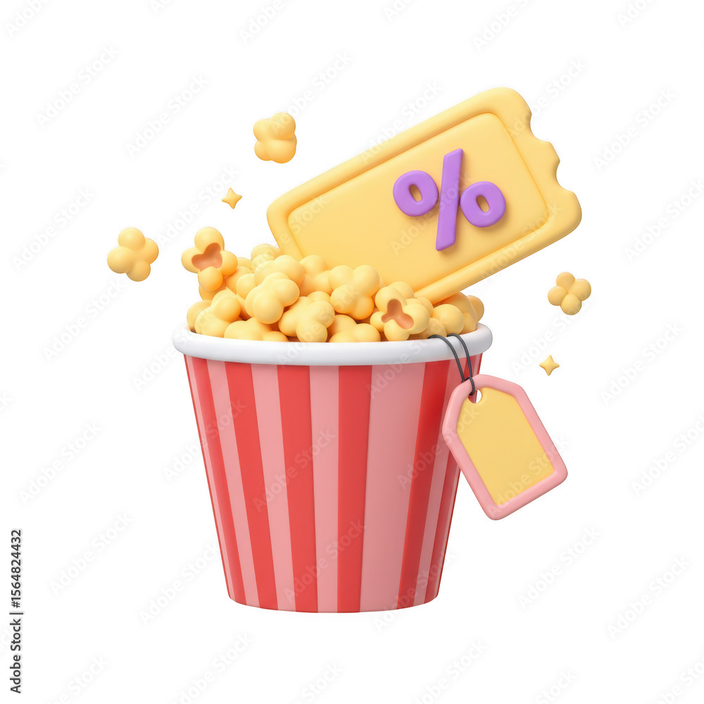 Poster a 3d render of a popcorn bucket with a discount ticket isolated on transparent background