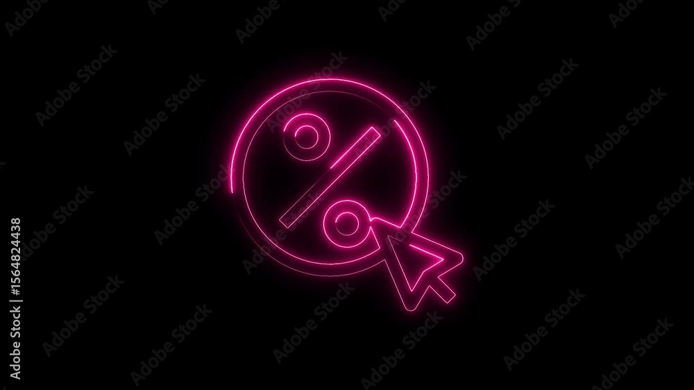 Poster glowing neon percent sign with mouse pointer animation on black background